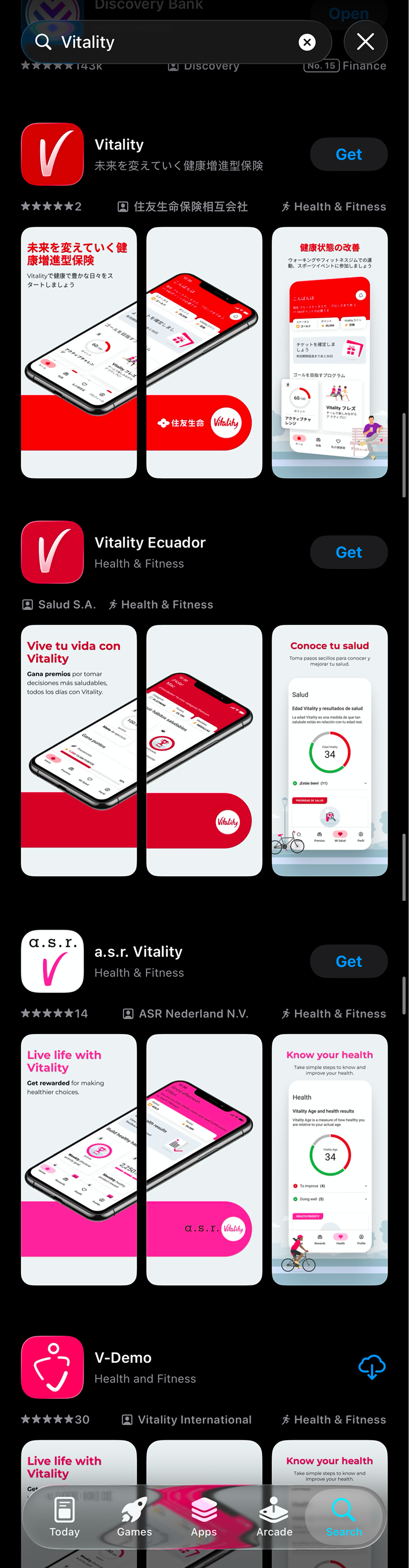 App Store listings for Vitality apps across markets